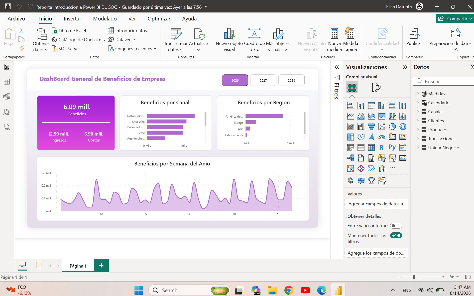 Vista previa de Dashboard general de beneficios de empresa